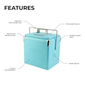 Permasteel 14-Quart Small Cooler Ice Chest | Retro Vintage Classic Style Hard Metal Cooler, PS-A205-14QT-TQ, Beverage Cooler for Camping Beach Picnic, Turquoise