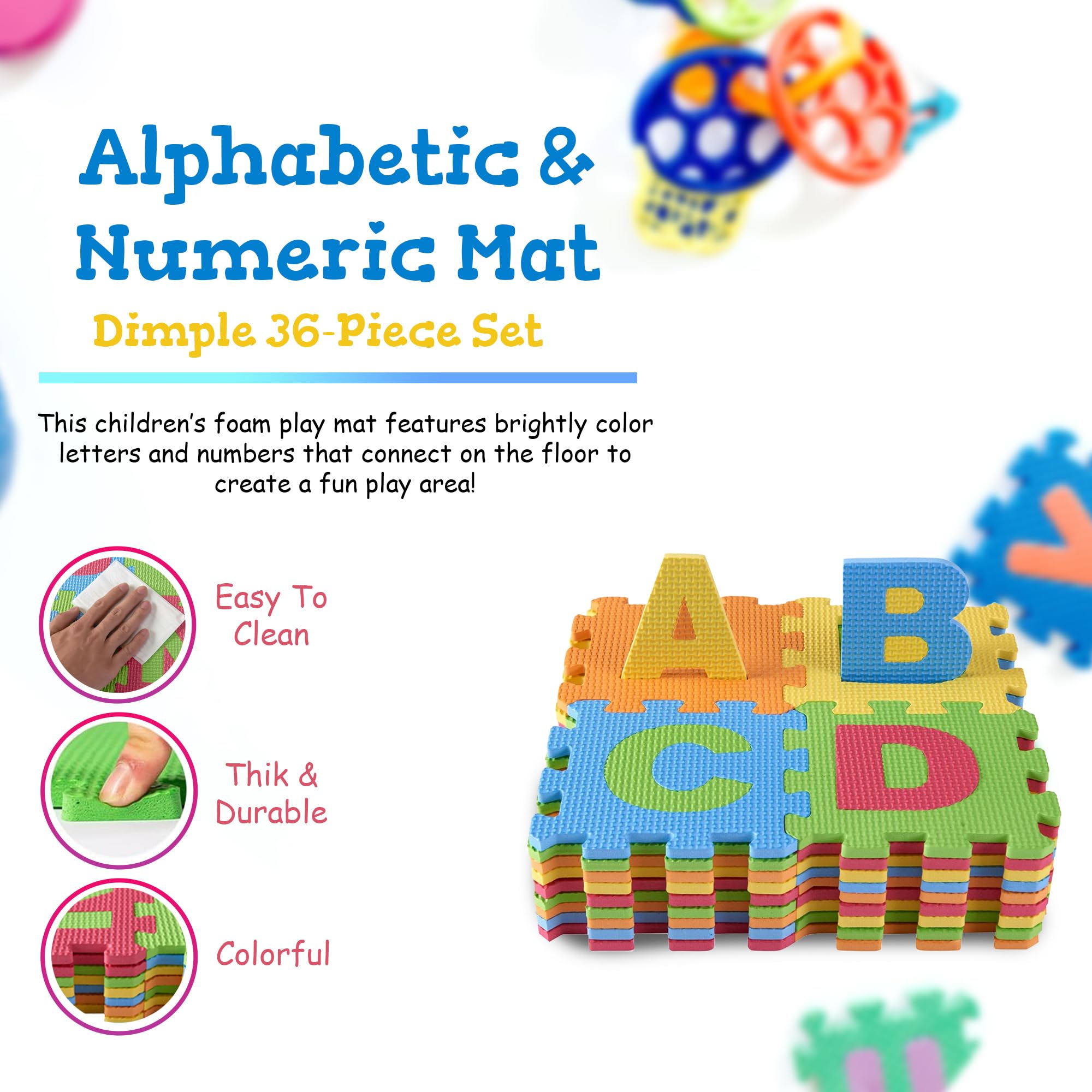 DIMPLE Kids Foam Play Mat (72 Pieces Total) 6.25 x 6.25 Inches Interlocking Alphabet and Numbers Floor Puzzle Colorful EVA Tiles Girls, Boys Soft, Reusable, Easy to Clean (2 Pack of 36)