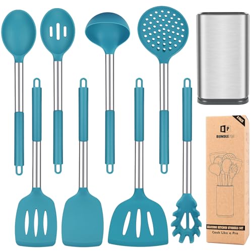 Silicone Cooking Utensil Set, 8Pcs Non-stick Cookware with Stainless Steel Handle, BPA Free Heat Resistant Kitchen Tools with Spatulas, Turners, Spoons, Skimmer and Pasta Fork