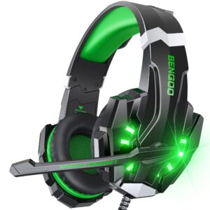 BENGOO G9000 Stereo Gaming Headset for PS4 PC Xbox One PS5 Controller, Noise Cancelling Over Ear Headphones with Mic, LED Light, Bass Surround, Soft Memory Earmuffs for Laptop Mac - Green