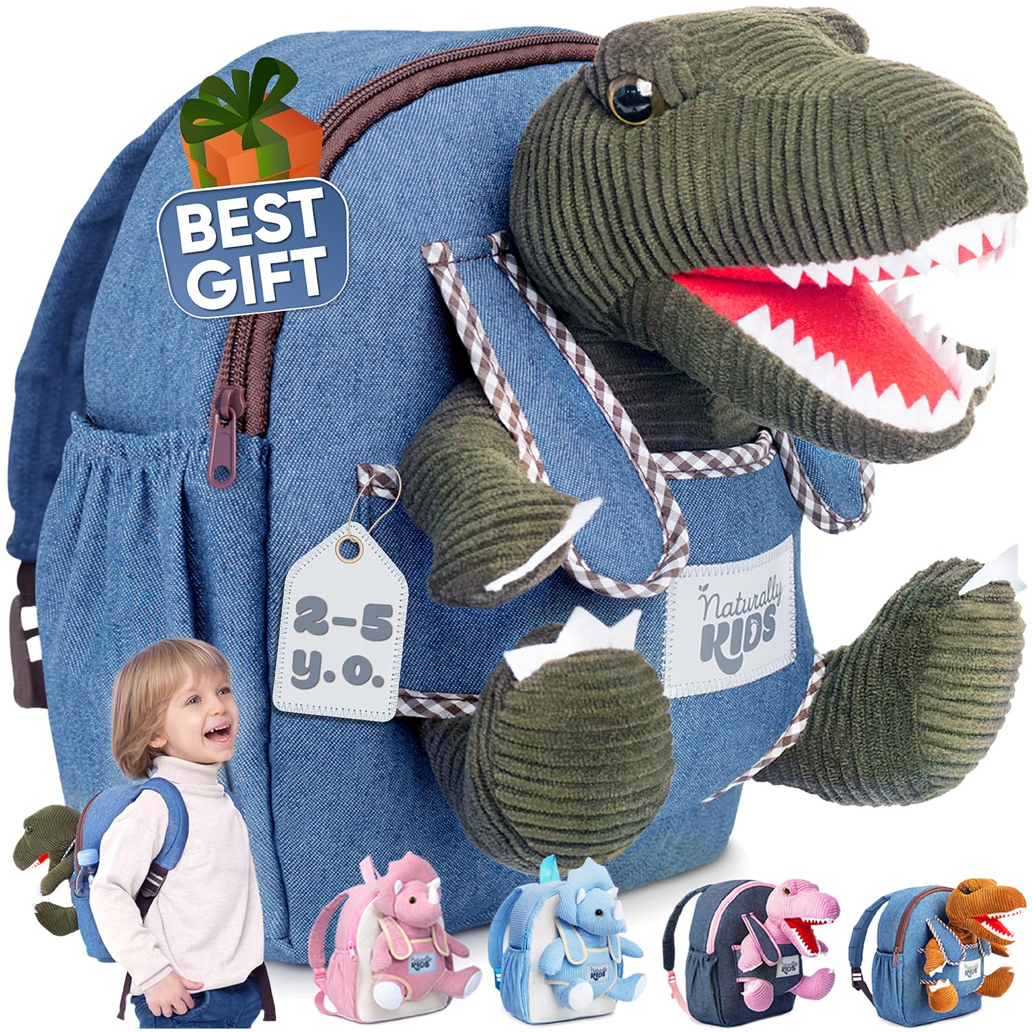 Naturally KIDS Dinosaur Backpack, Dinosaur Toys for Kids 3-5, 2 Year Old Boy Birthday Gift, Toddler Backpack Boys Girls