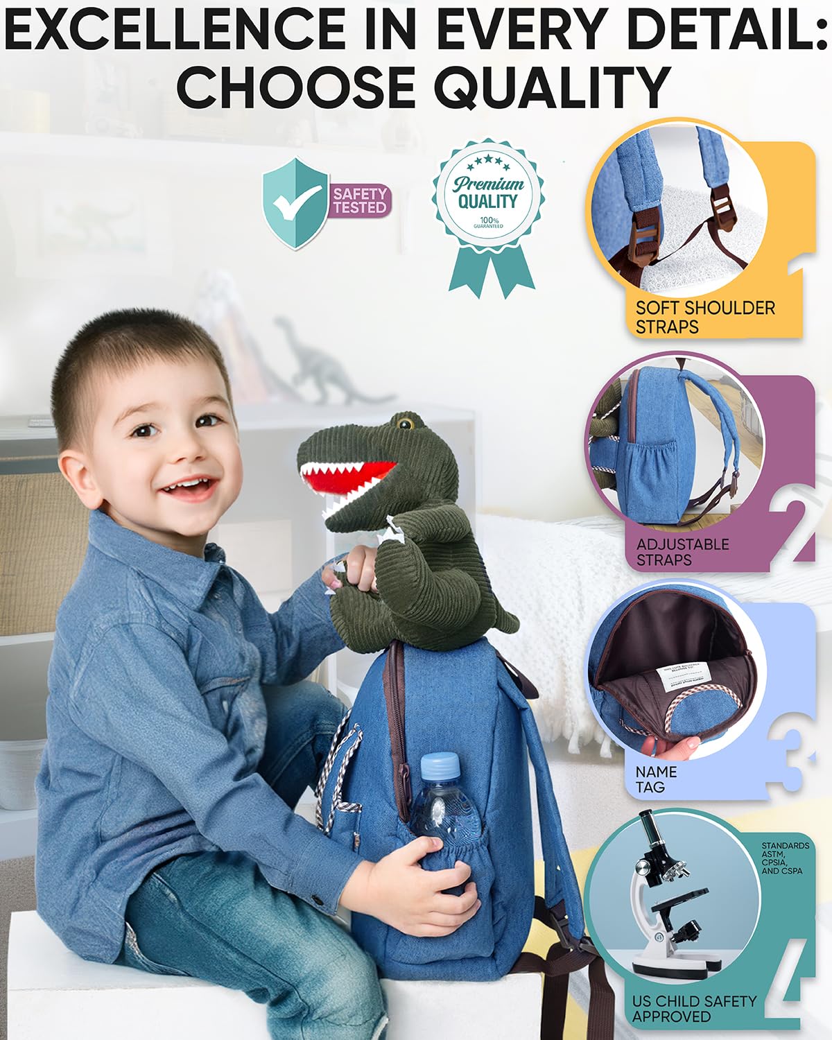 Naturally KIDS Dinosaur Backpack, Dinosaur Toys for Kids 3-5, 2 Year Old Boy Birthday Gift, Toddler Backpack Boys Girls