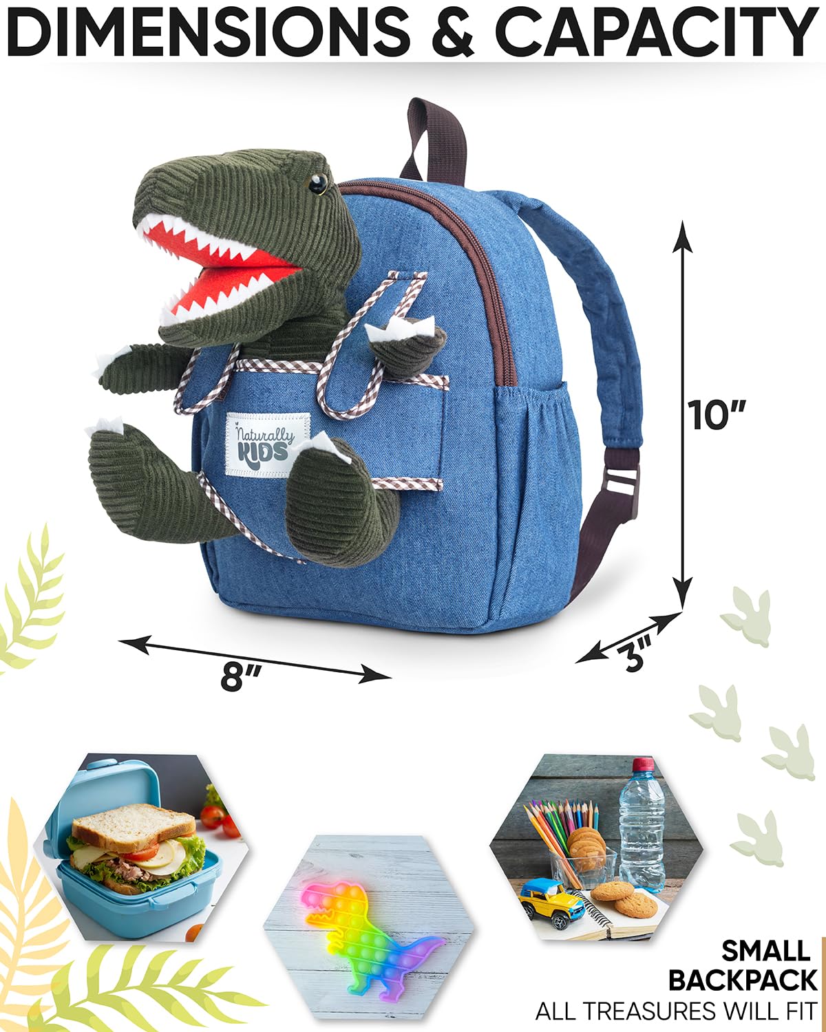 Naturally KIDS Dinosaur Backpack, Dinosaur Toys for Kids 3-5, 2 Year Old Boy Birthday Gift, Toddler Backpack Boys Girls