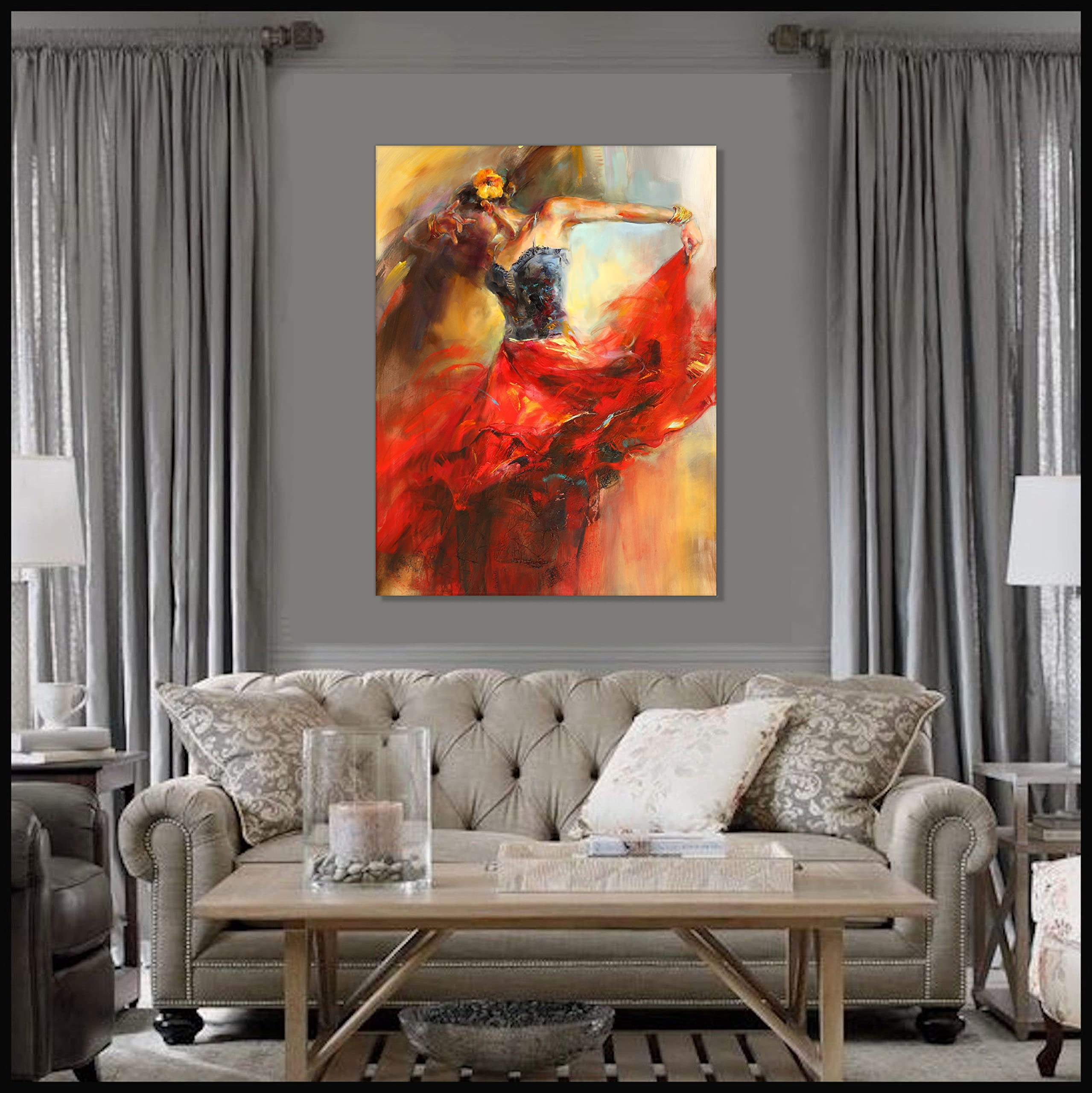 Dancing Lady Oil Paintings on Canvas 12x16 Inch Framed Wall Artwork for Living Room Bedroom Home Decorations Wall Decor Red Girl Dancer Artwork Ready to Hang -Style A