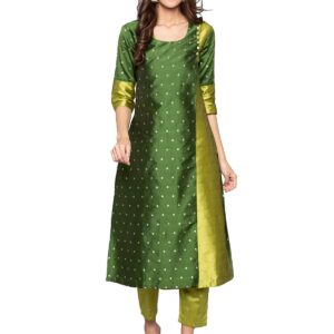 Indian Kurti for Womens With Pant | Art Silk Woven Partywear Kurta Kurtis Dress For Women Tops Tunic Green