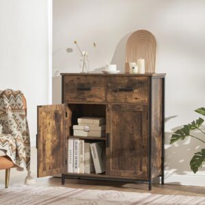 usikey Storage Cabinet with 2 Drawers & Adjustable Shelf, Freestanding Storage Cabinet, Sideboard, Accent Cupboard for Living Room, Entryway, Kitchen, Brown