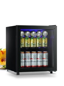 beverage refrigerator cooler 60 can mini fridge glass door for beer drinks wines juice, adjustable shelves blue led lights and user friendly temperature knob for home office dorm bar 1.6 cu. ft