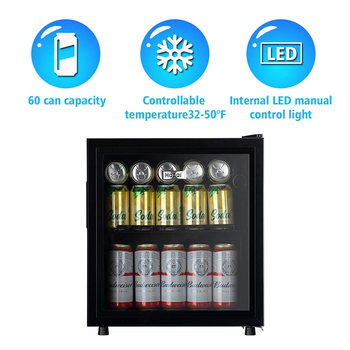 Beverage Refrigerator Cooler 60 Can Mini Fridge Glass Door for Beer Drinks Wines Juice, Adjustable Shelves Blue LED Lights and User Friendly Temperature Knob for Home Office Dorm Bar 1.6 Cu. Ft