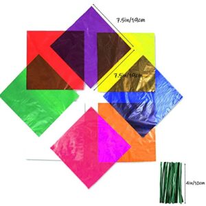 Cinvo 160 Pcs Cellophane Sheets Multi-Colored See Through Colorful Sheets with Twist Ties Cello Wraps for DIY Arts and Crafts, Treats Candy Wrapping Party Supplies (7.5 x 7.5 Inch)