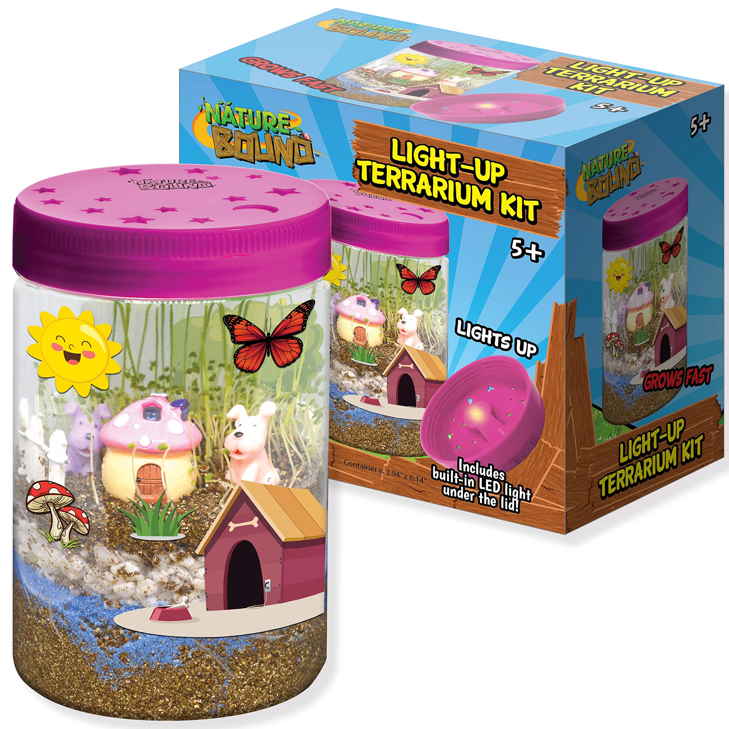 Nature Bound Light-Up Terrarium Kit with LED Light for Kids - includes Puppy Animal Theme - STEM Science Kit for Boys & Girls - Plant Gardening Gifts for Children (Pink)