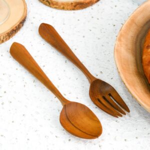 AeraVida Tropical Chic Cutlery Carved Teak Wood Spoon and Fork Set | Reusable Wooden Forks and Spoons | Teak Wooden Spoons for Eating | Wooden Spoon Fork Cutlery Set