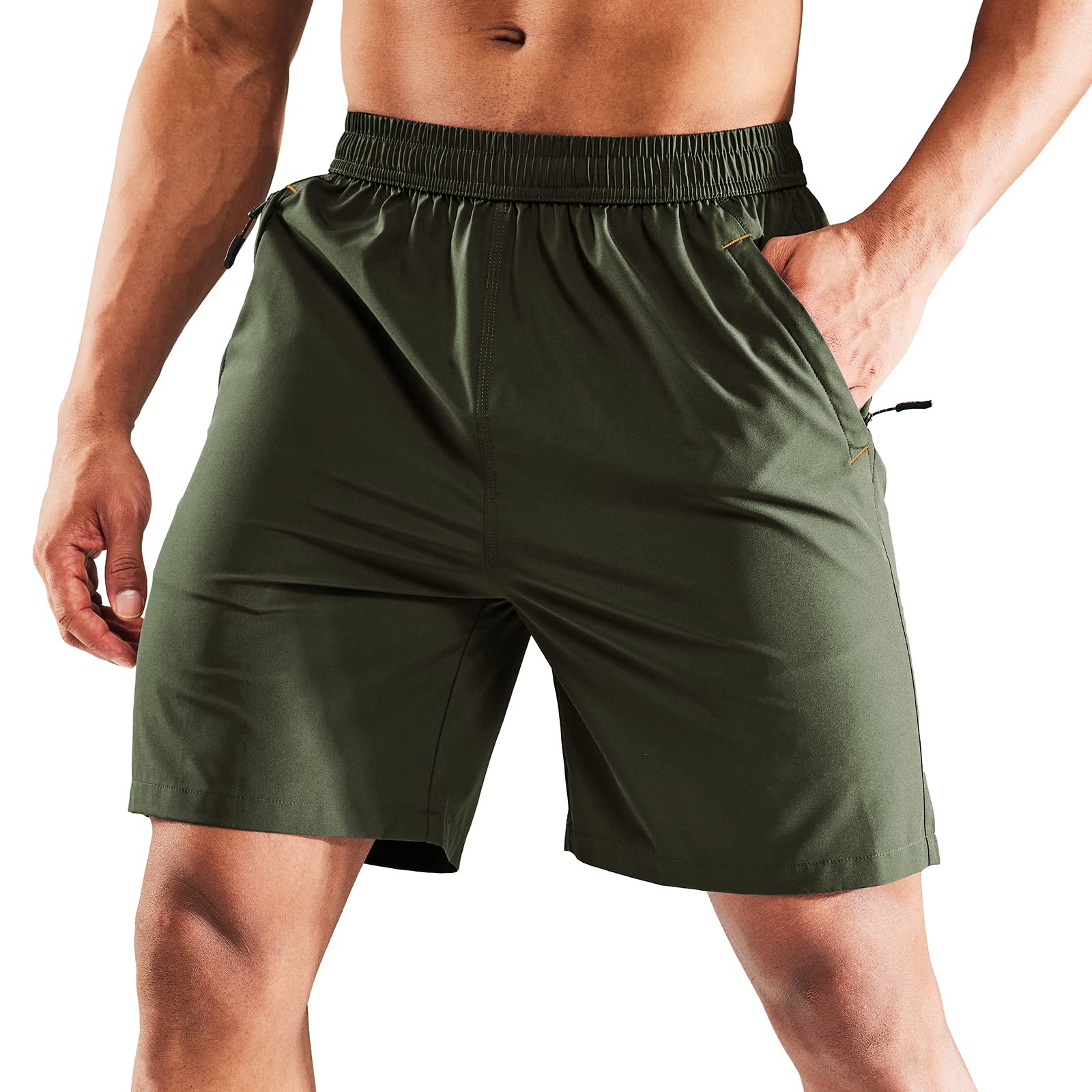 MIER Men's Quick Dry Running Shorts with Zipper Pocket, Elastic Waist Athletic Workout Exercise Fitness Shorts, 7 Inch, Army Green, X-Large