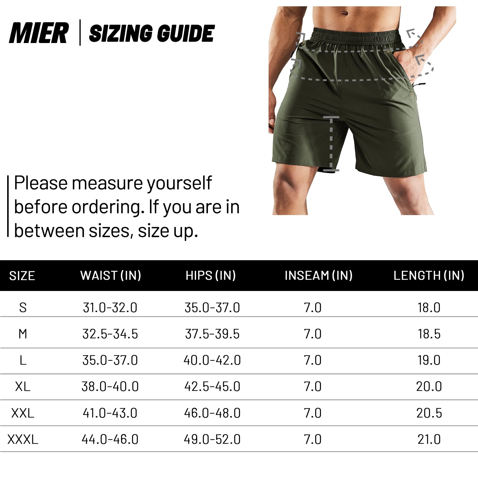 MIER Men's Quick Dry Running Shorts with Zipper Pocket, Elastic Waist Athletic Workout Exercise Fitness Shorts, 7 Inch, Army Green, X-Large