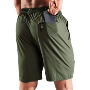 MIER Men's Quick Dry Running Shorts with Zipper Pocket, Elastic Waist Athletic Workout Exercise Fitness Shorts, 7 Inch, Army Green, X-Large