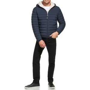 calvin klein men's hooded down jacket, quilted coat, sherpa lined, true navy, medium