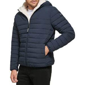 Calvin Klein Men's Hooded Down Jacket, Quilted Coat, Sherpa Lined, True Navy, Medium