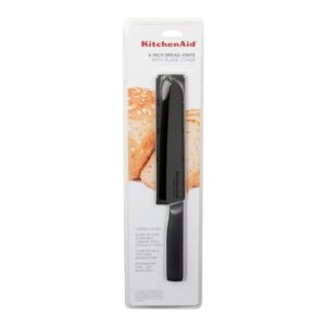 KitchenAid Classic Ceramic Serrated Bread Knife with Custom-Fit Blade Cover, Sharp Kitchen Knife, Dishwasher-Safe, 8-Inch, Black