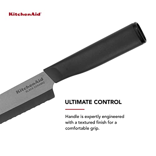 KitchenAid Classic Ceramic Serrated Bread Knife with Custom-Fit Blade Cover, Sharp Kitchen Knife, Dishwasher-Safe, 8-Inch, Black