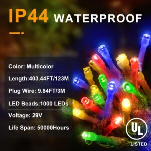 KNONEW 403ft 1000 LED String Lights Outdoor Christmas Lights 8 Modes & Timer Fairy Light Plug in Waterproof LED String Lights for Xmas Yard Tree Wedding Party Holiday Decorations (Multicolor)