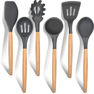 E-far Cooking Utensils Set of 6, Silicone Kitchen Utensils with Wooden Handle, Non-stick Cookware Friendly & Heat Resistant, Includes Spatula/Ladle/Slotted Turner/Serving Spoon/Spaghetti Server(Gray)