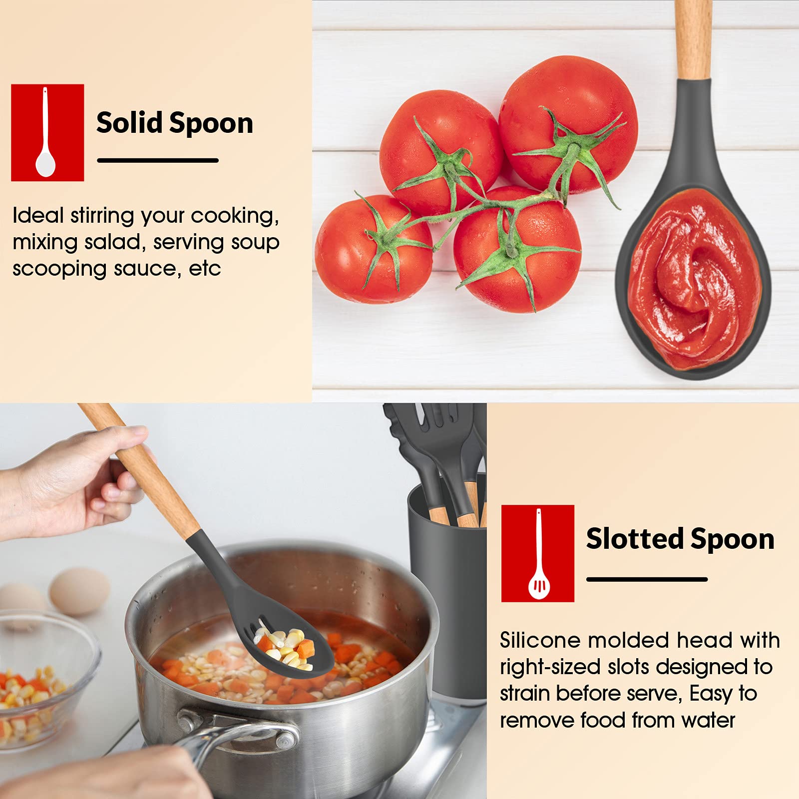 E-far Cooking Utensils Set of 6, Silicone Kitchen Utensils with Wooden Handle, Non-stick Cookware Friendly & Heat Resistant, Includes Spatula/Ladle/Slotted Turner/Serving Spoon/Spaghetti Server(Gray)