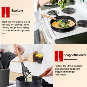 E-far Cooking Utensils Set of 6, Silicone Kitchen Utensils with Wooden Handle, Non-stick Cookware Friendly & Heat Resistant, Includes Spatula/Ladle/Slotted Turner/Serving Spoon/Spaghetti Server(Gray)