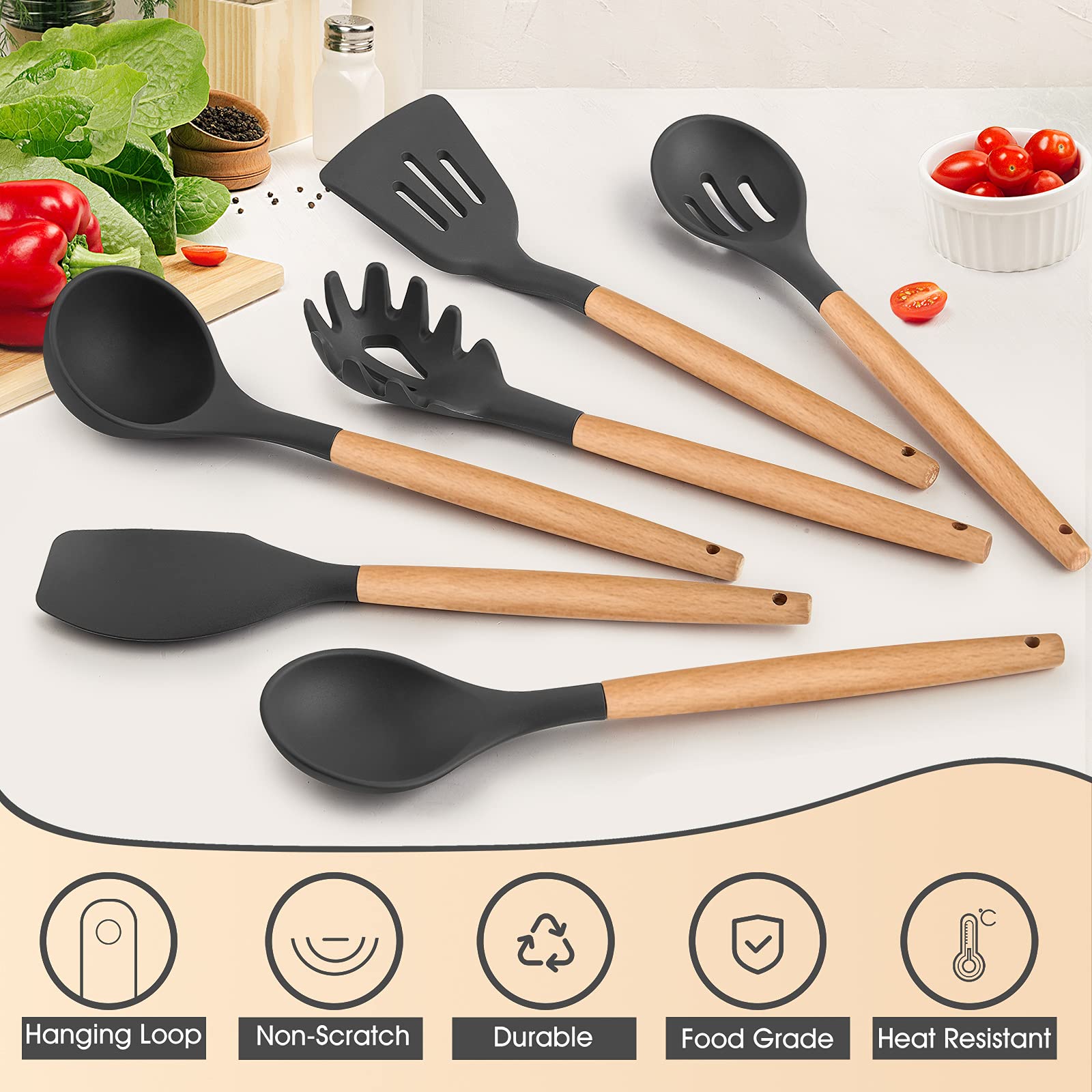 E-far Cooking Utensils Set of 6, Silicone Kitchen Utensils with Wooden Handle, Non-stick Cookware Friendly & Heat Resistant, Includes Spatula/Ladle/Slotted Turner/Serving Spoon/Spaghetti Server(Gray)