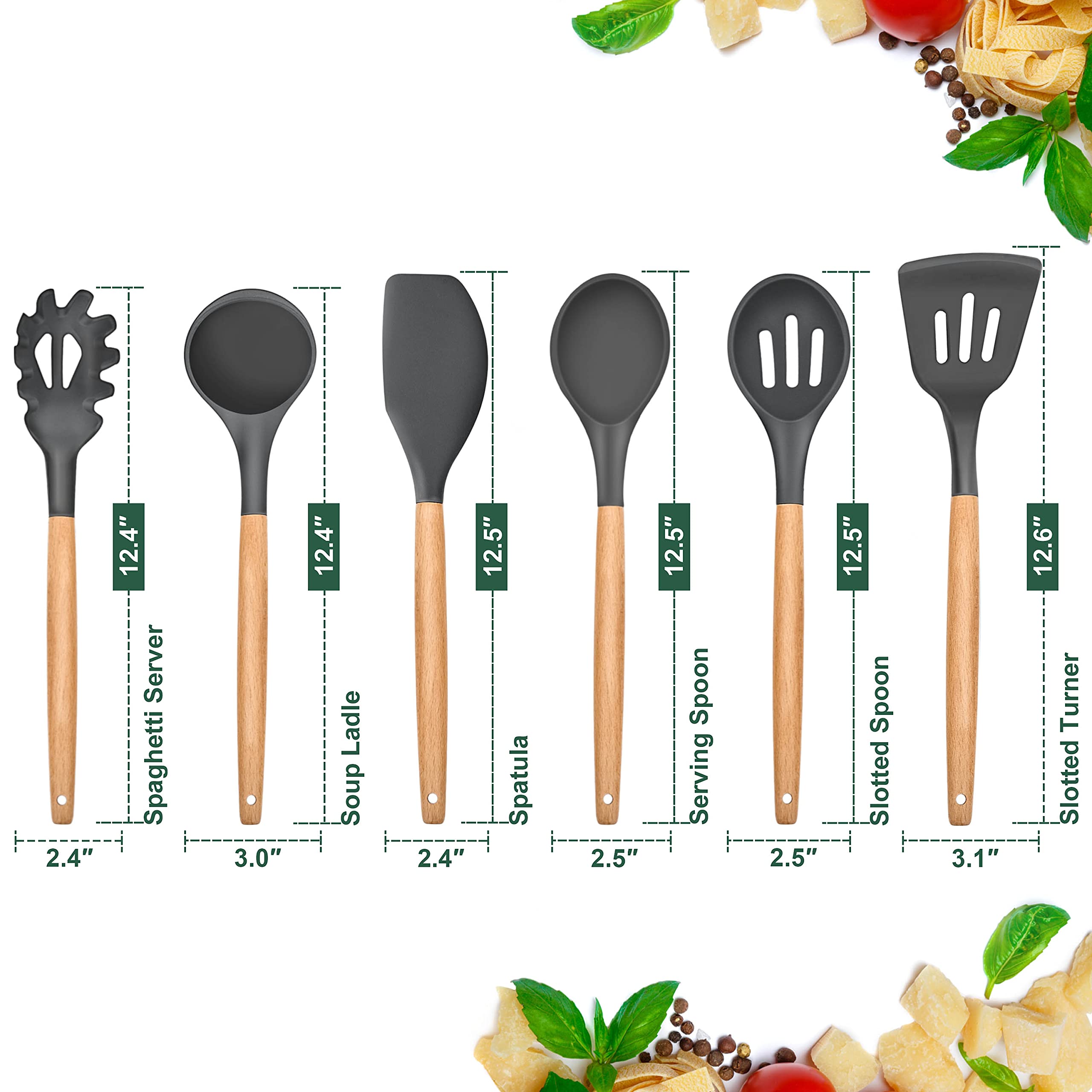 E-far Cooking Utensils Set of 6, Silicone Kitchen Utensils with Wooden Handle, Non-stick Cookware Friendly & Heat Resistant, Includes Spatula/Ladle/Slotted Turner/Serving Spoon/Spaghetti Server(Gray)