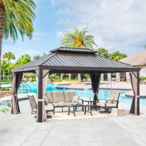 patio tree 10' x 12' hardtop aluminum permanent gazebo outdoor double roof gazebo canopy with a mosquito net and privacy sidewalls