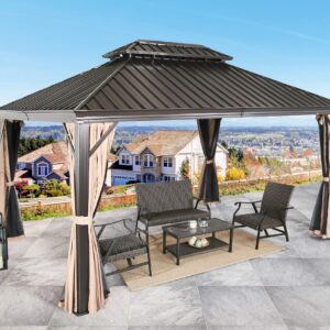 Patio Tree 10' x 12' Hardtop Aluminum Permanent Gazebo Outdoor Double Roof Gazebo Canopy with a Mosquito Net and Privacy Sidewalls