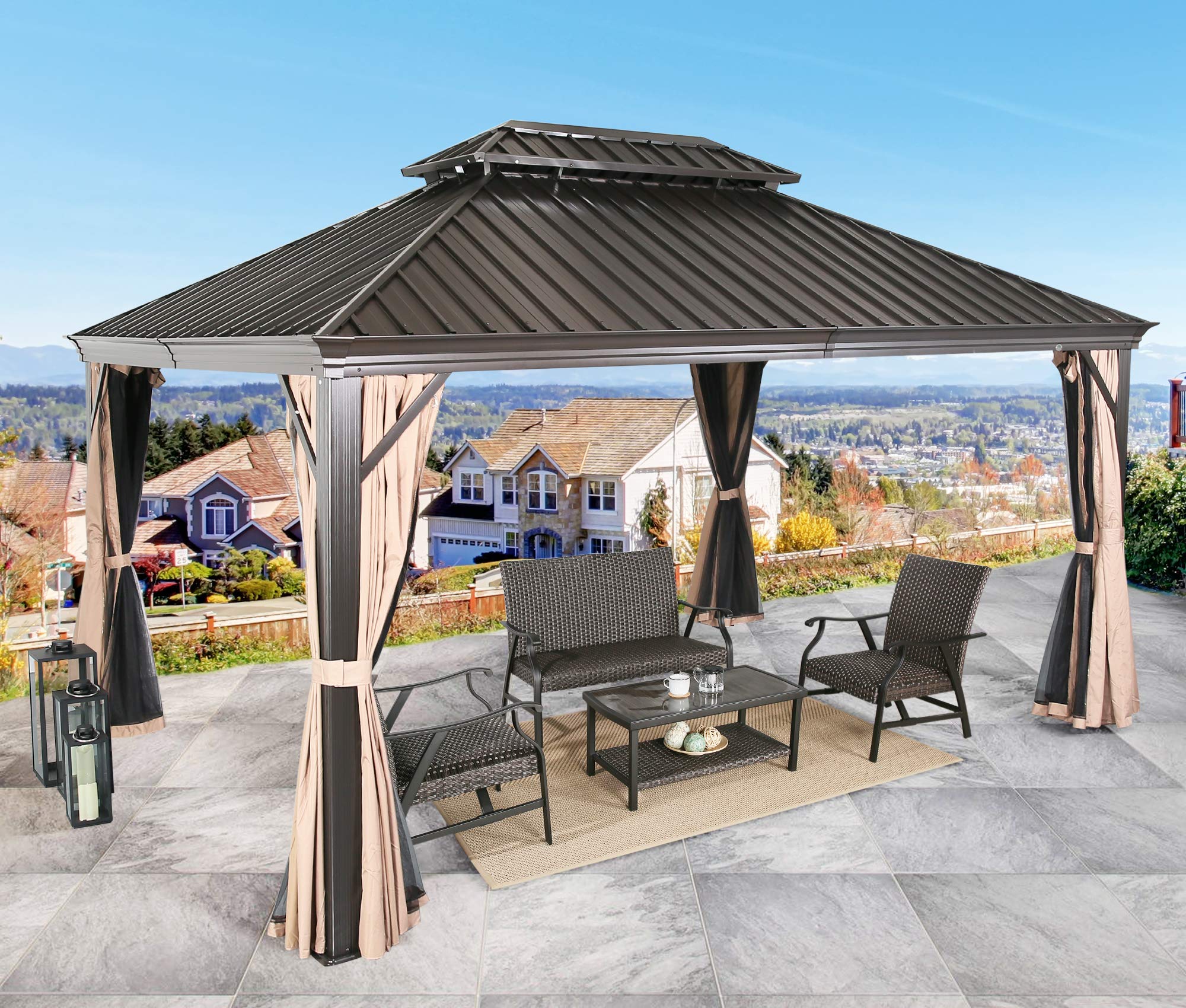 Patio Tree 10' x 12' Hardtop Aluminum Permanent Gazebo Outdoor Double Roof Gazebo Canopy with a Mosquito Net and Privacy Sidewalls