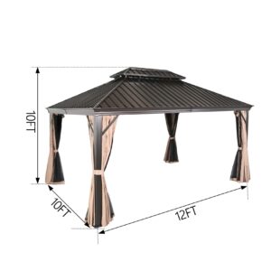 Patio Tree 10' x 12' Hardtop Aluminum Permanent Gazebo Outdoor Double Roof Gazebo Canopy with a Mosquito Net and Privacy Sidewalls