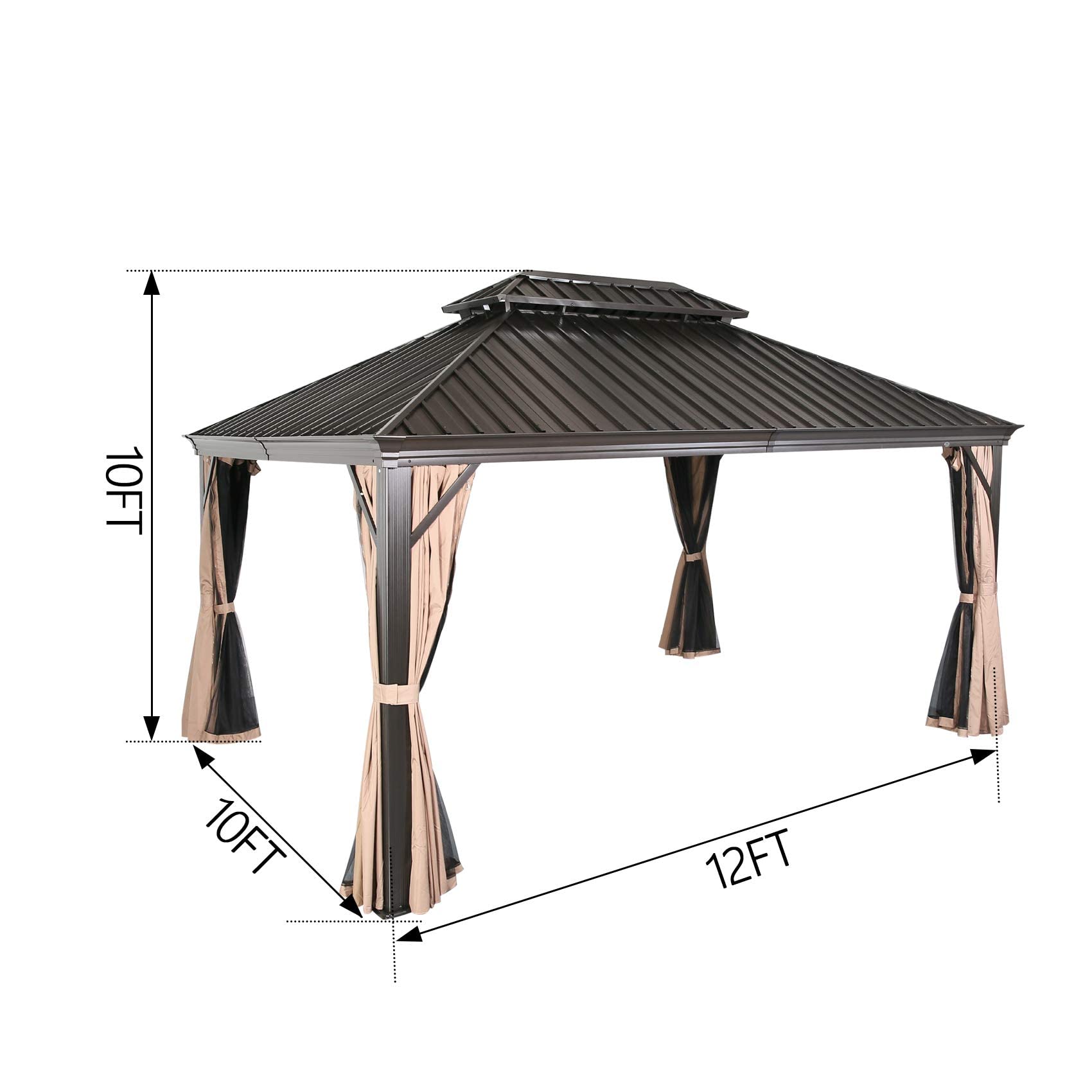 Patio Tree 10' x 12' Hardtop Aluminum Permanent Gazebo Outdoor Double Roof Gazebo Canopy with a Mosquito Net and Privacy Sidewalls