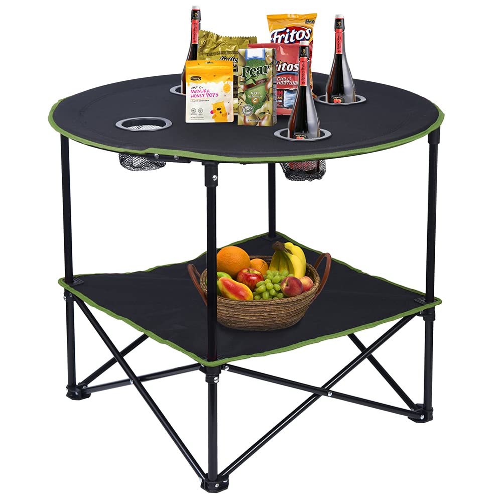 LEADALLWAY Camping Tables That Fold Up Lightweight Portable Outdoor Table with 4 Cup Holders and Carrying Bags for Outdoor Picnic,Barbecue,Travel,Fishing(Black+Army Green)