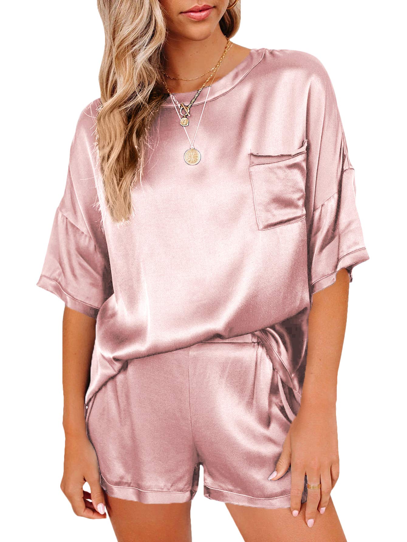 LYANER Women's Satin Silky Pajama Set Short Sleeve T-shirt With Shorts Set Pjs Loungewear Rosy Pink Medium