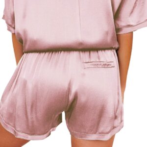 LYANER Women's Satin Silky Pajama Set Short Sleeve T-shirt With Shorts Set Pjs Loungewear Rosy Pink Medium