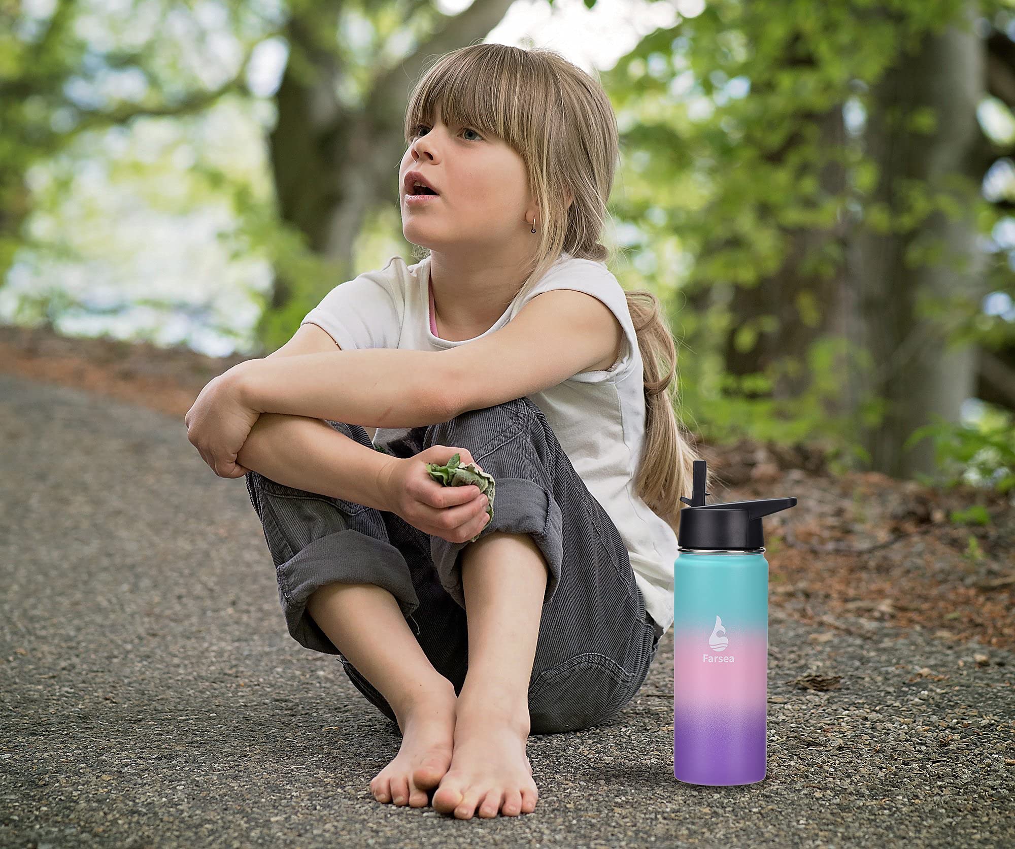 Farsea Insulated Water Bottle with Straw Lid & Spout Lid & Paracord Handle, Stainless Steel Water Bottle Wide Mouth, Double Wall Sweat-Proof BPA-Free, 18 oz, Gradient Mint + Pink + Purple