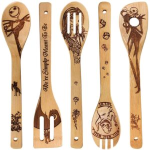 Jack Skellington Wooden Spoons for Cooking Utensils Set - Magic Pattern Burned Wooden Spatulas Kitchen Utensil Set for Kitchen Decor,Nightmare Before Christmas GiftS for Fans and Friends