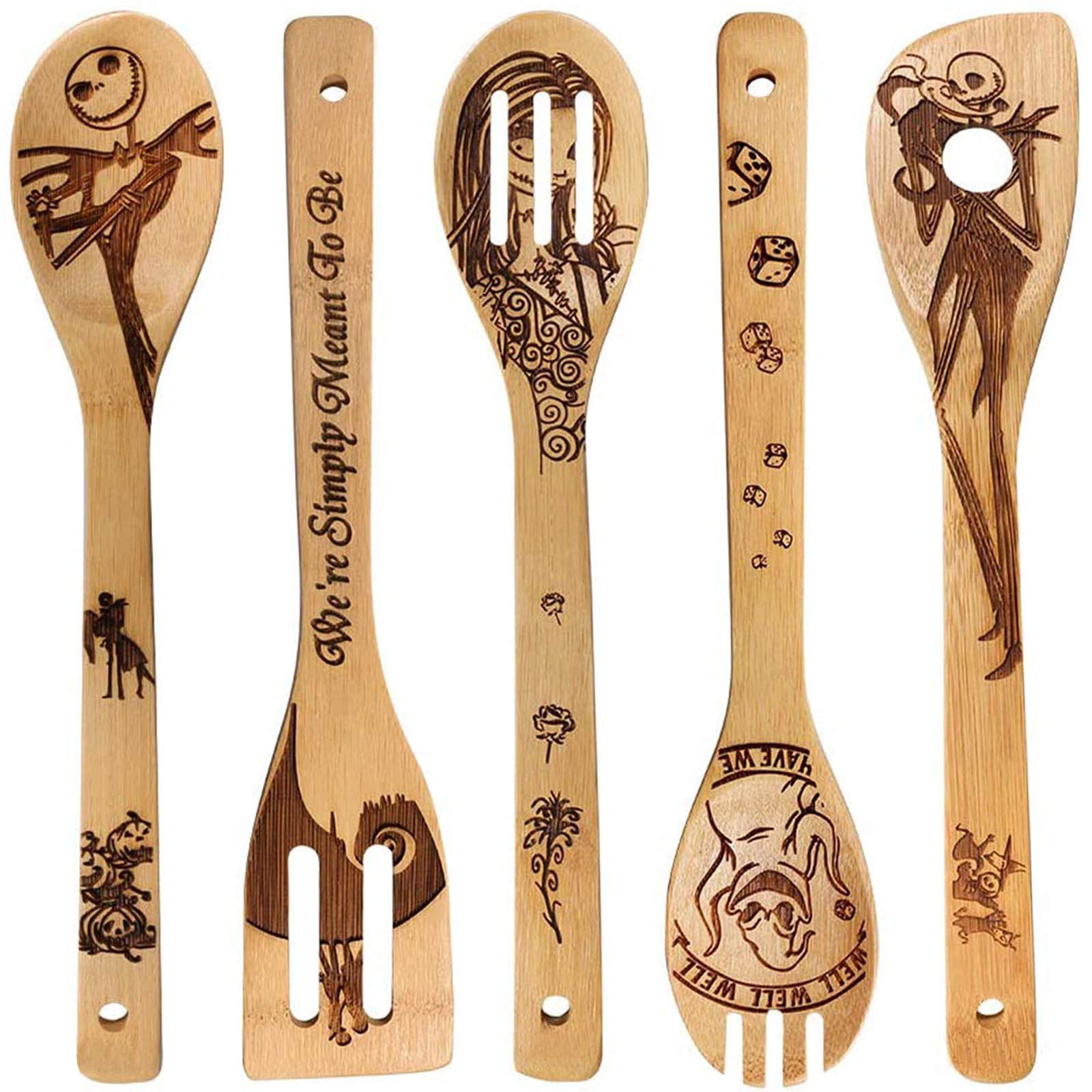 Jack Skellington Wooden Spoons for Cooking Utensils Set - Magic Pattern Burned Wooden Spatulas Kitchen Utensil Set for Kitchen Decor,Nightmare Before Christmas GiftS for Fans and Friends