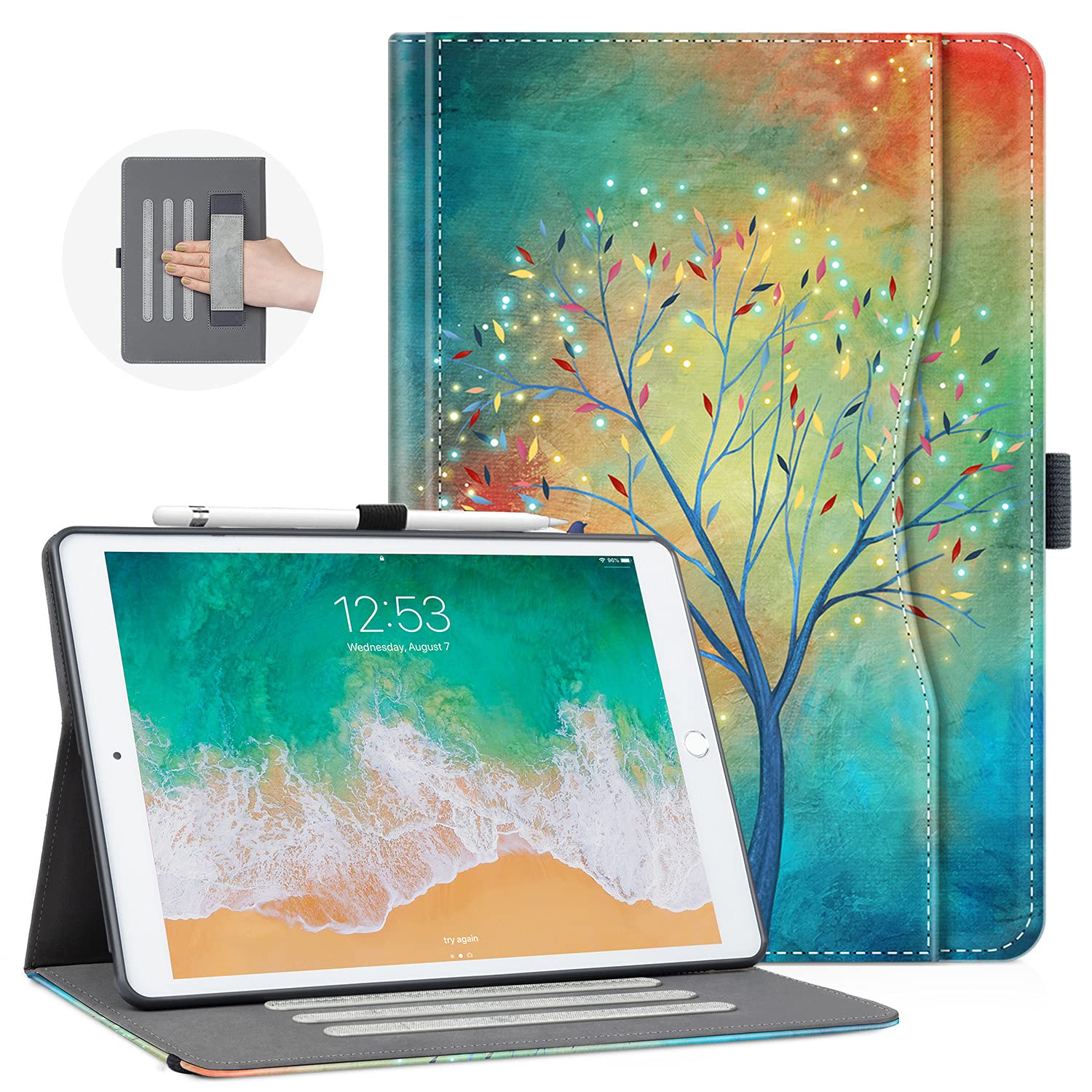 Vimorco iPad 9th/8th/7th Generation Case, 9th Generation iPad Case with Pencil Holder/Hand Strap/Pocket, iPad 10.2 Case Adjustable Angle, iPad Cover 9th Generation Auto Sleep/Wake, Oil Painting Tree