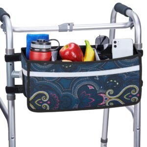 ISSYAUTO Walker Basket, Strap Mount Walker Cup Drink Holder with Two Split Board, Foldable Walker Storage Bag, Best Present for Family and Friends - Navy (Not Fit Rollator Walkers)