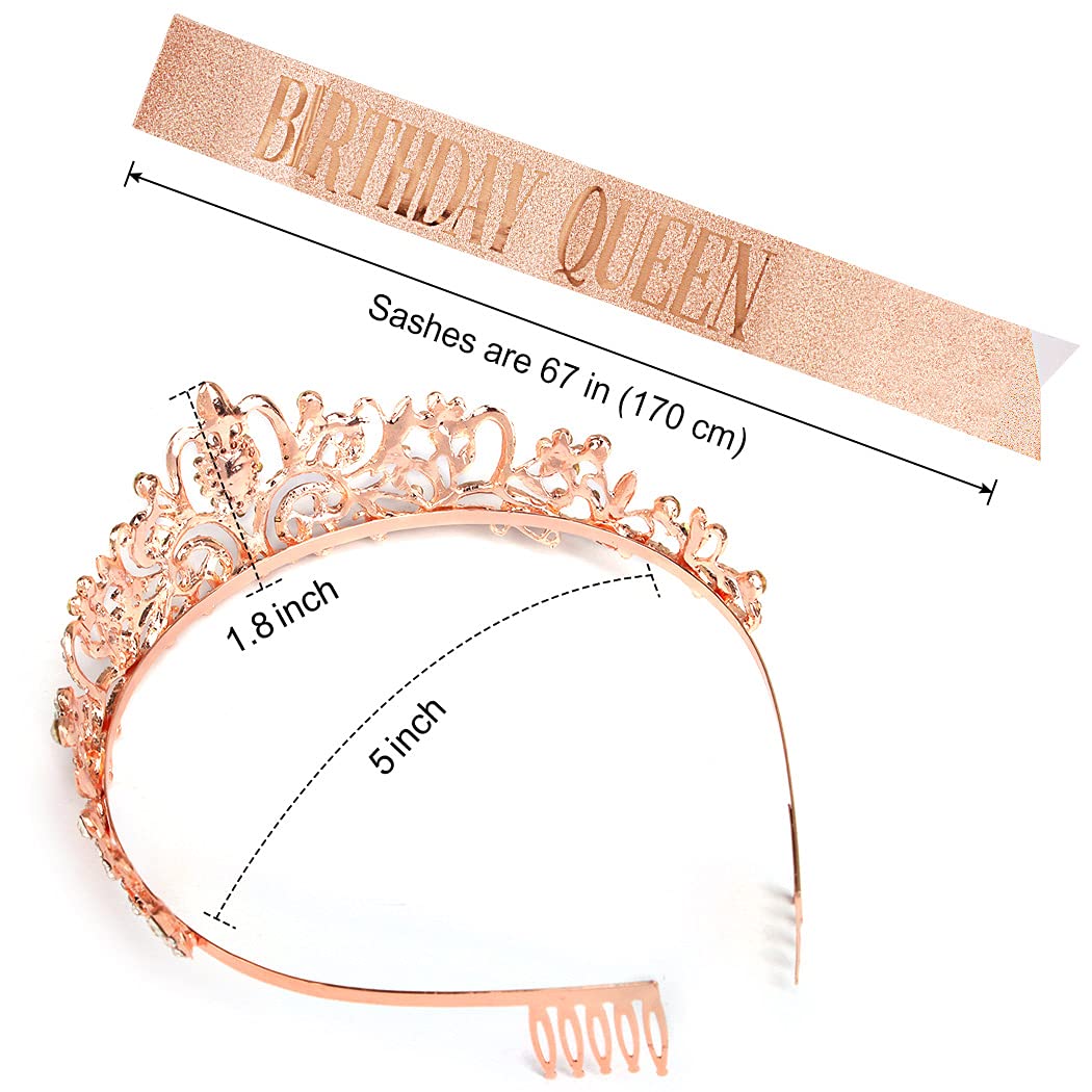 "Birthday Queen" Sash & Rhinestone Tiara Set COCIDE Rose Gold Birthday Sash and Tiara for Women Birthday Decoration Kit Rhinestone Headband for Girl Glitter Crystal Hair Accessories for Party