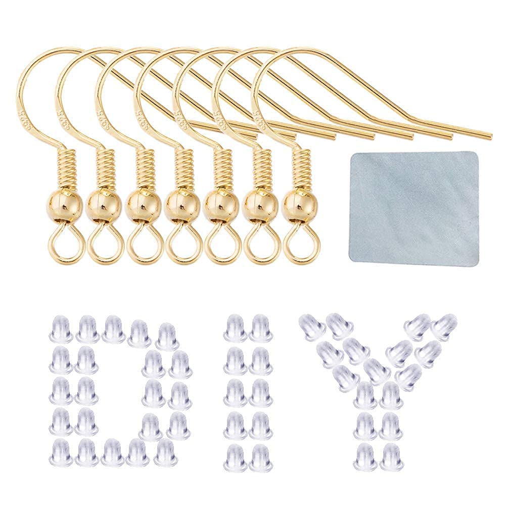 Earring Hooks for Jewelry Making - 120 PCS/60 Pairs Hypoallergenic 14K Gold Ear Wires Fish Hooks for Jewelry Making, Jewelry Findings Parts with 120 PCS Rubber Earring Backs Stopper for DIY Earrings