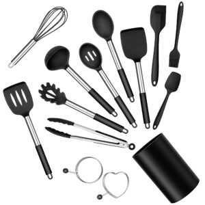 silicone cooking utensils set, e-far 14-piece black kitchen utensils set with holder, kitchen tools spatulas with stainless steel handle for non-stick cookware, heat resistant & dishwasher safe