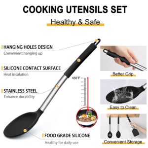 Silicone Cooking Utensils Set, E-far 14-Piece Black Kitchen Utensils Set with Holder, Kitchen Tools Spatulas with Stainless Steel Handle for Non-stick Cookware, Heat Resistant & Dishwasher safe