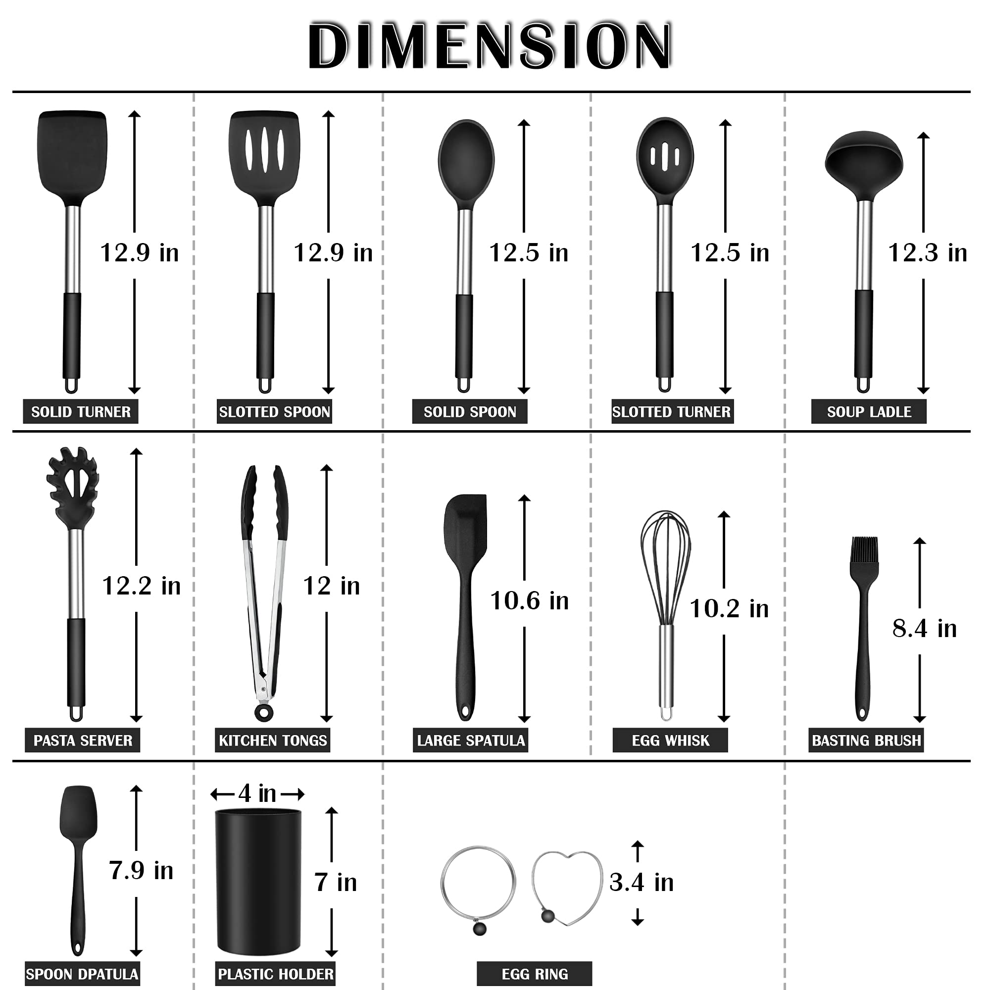 Silicone Cooking Utensils Set, E-far 14-Piece Black Kitchen Utensils Set with Holder, Kitchen Tools Spatulas with Stainless Steel Handle for Non-stick Cookware, Heat Resistant & Dishwasher safe