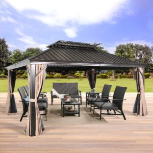 peak home furnishings 12ft x 16ft patio hardtop gazebo outdoor aluminum gazebo for patio with galvanized steel double roof canopy, polyester privacy curtain and mosquito net