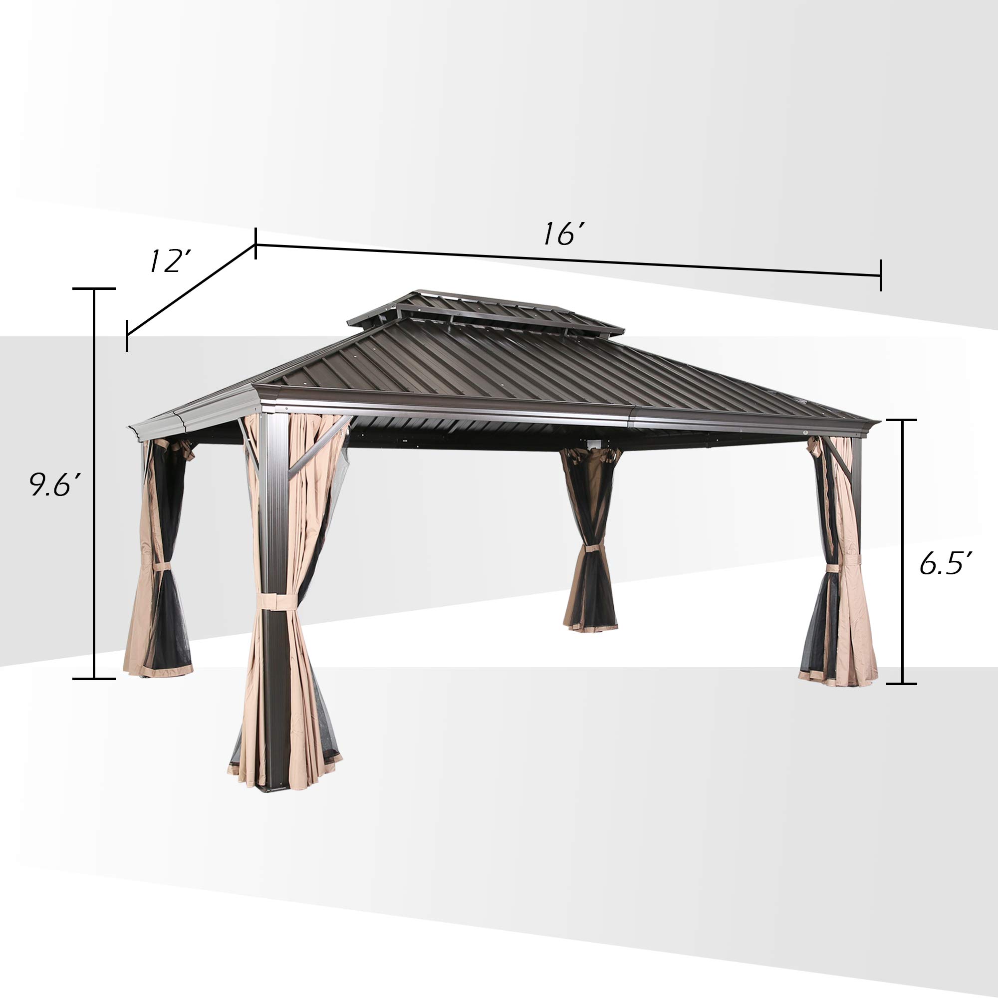 Peak Home Furnishings 12Ft x 16Ft Patio Hardtop Gazebo Outdoor Aluminum Gazebo for Patio with Galvanized Steel Double Roof Canopy, Polyester Privacy Curtain and Mosquito Net