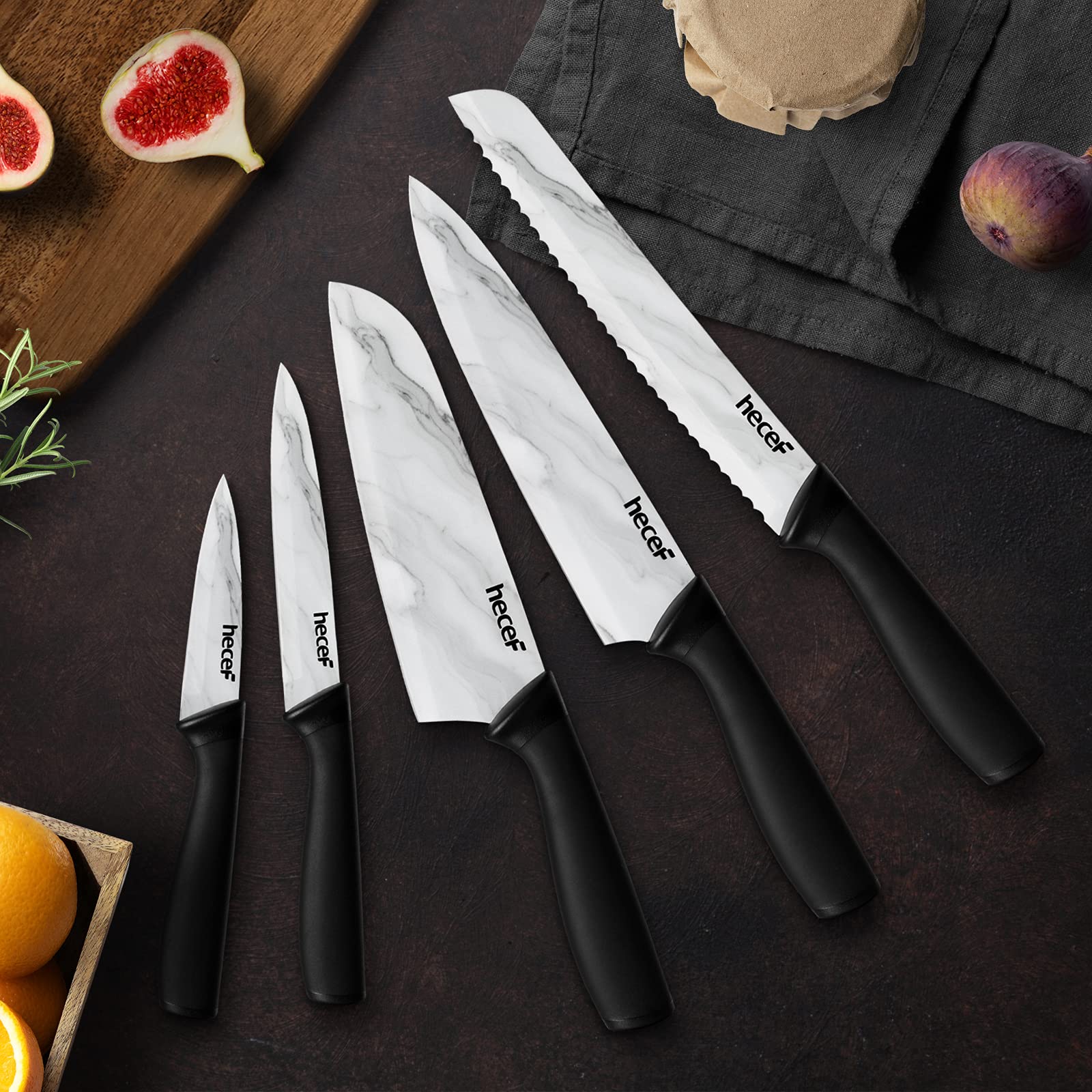 hecef Kitchen Knife Set with Marble Pattern, Non-stick Ceramic Coated Stainless Steel Blades with Protective Sheaths, Professional Chef Knife Set for Kitchen, Restaurant, Camping and Home