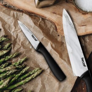 hecef Kitchen Knife Set with Marble Pattern, Non-stick Ceramic Coated Stainless Steel Blades with Protective Sheaths, Professional Chef Knife Set for Kitchen, Restaurant, Camping and Home